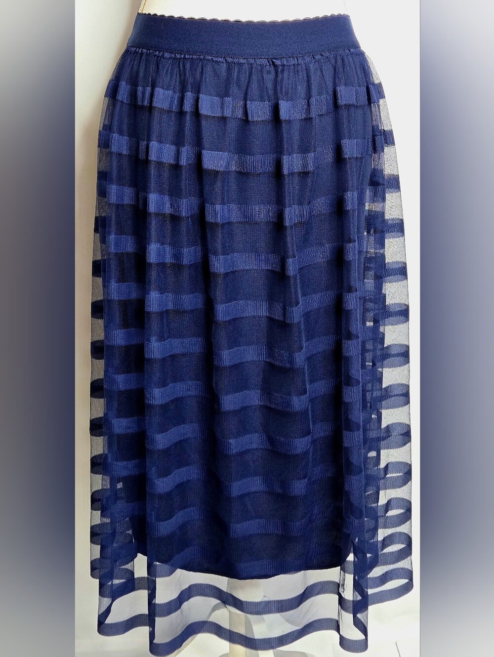 Metrowear  Anthropologie-Inspired Navy Mesh Overlay Midi Skirt NWOT S